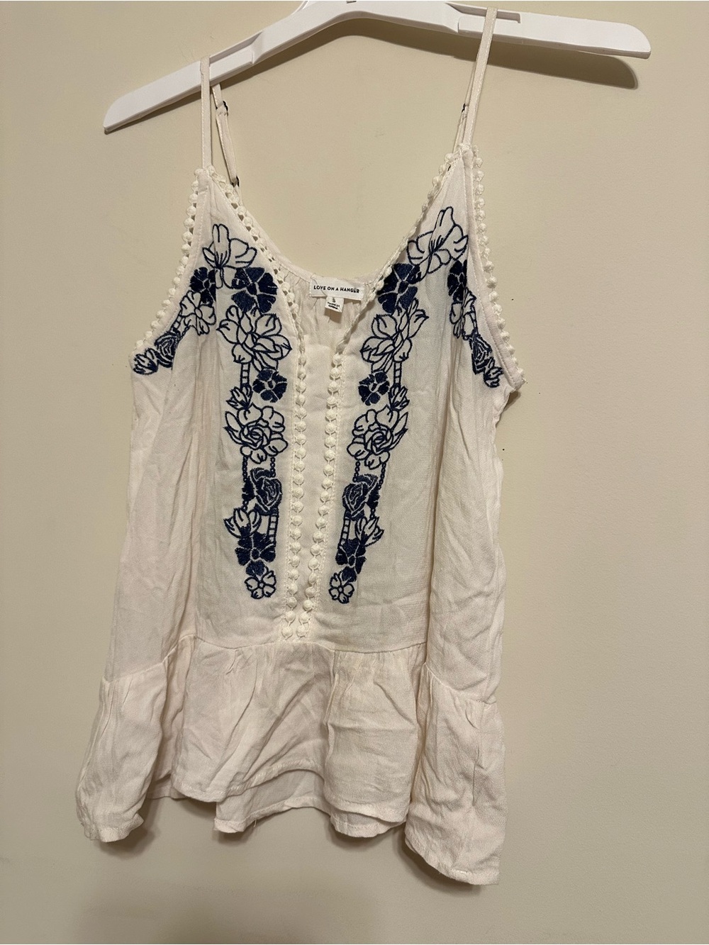 love on a hanger White Cami Top with Navy Floral Embroidery